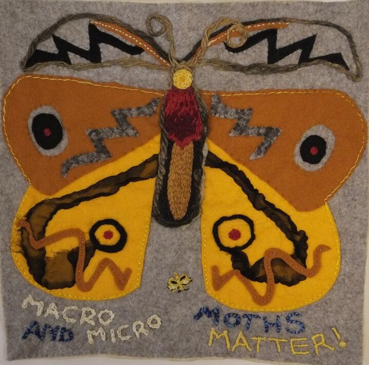 Appliqued panel, created by Quakers working with The Loving Earth Project. An appliqued and embroidered panel of a moth